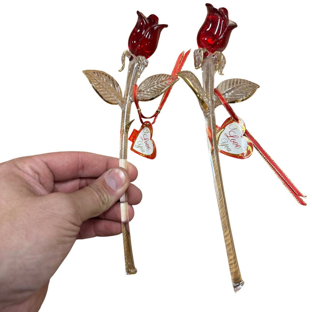 Pair (2) Glass Baron Hand Blown Roses - Red and Gold S6 427-R2 - Vintage? - READ